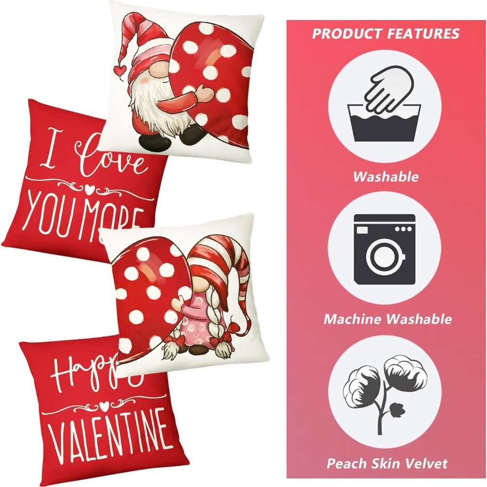 NWOT 4 pcs Pillow Covers 18×18 Inch Gnome Throw Pillow Covers Holiday Valentine - Picture 2 of 5